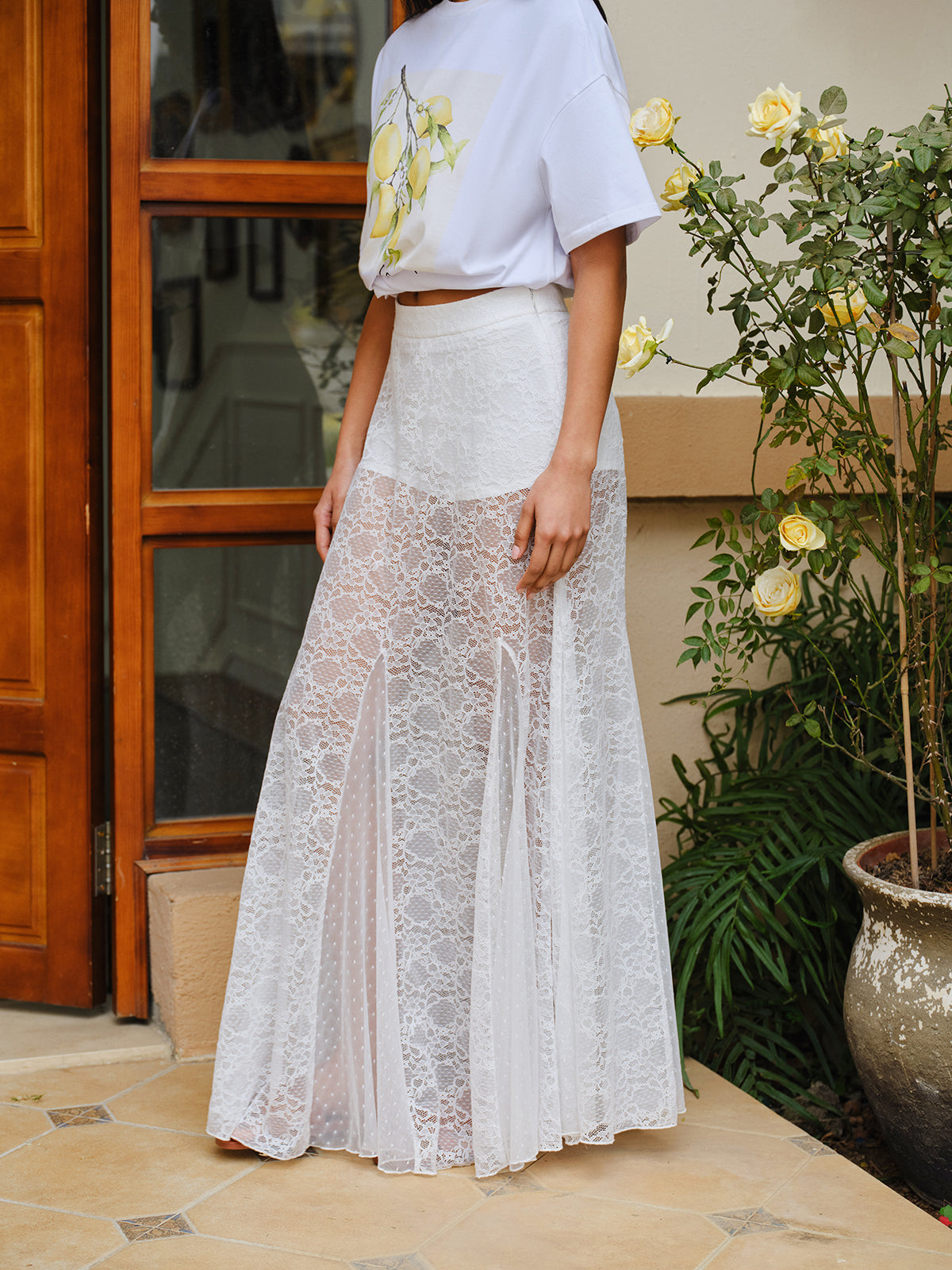 Mid-Waist Semi-Sheer Lace Skirt