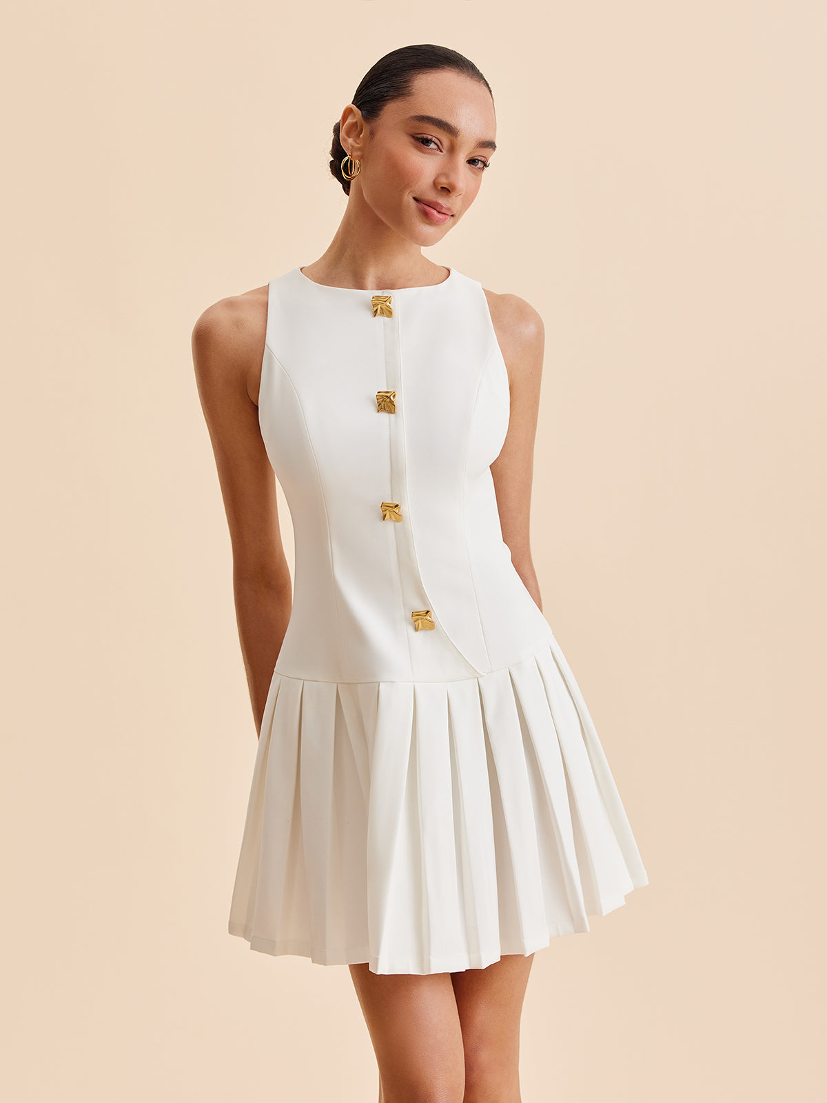 Metal-Button Pleated Tank Dress