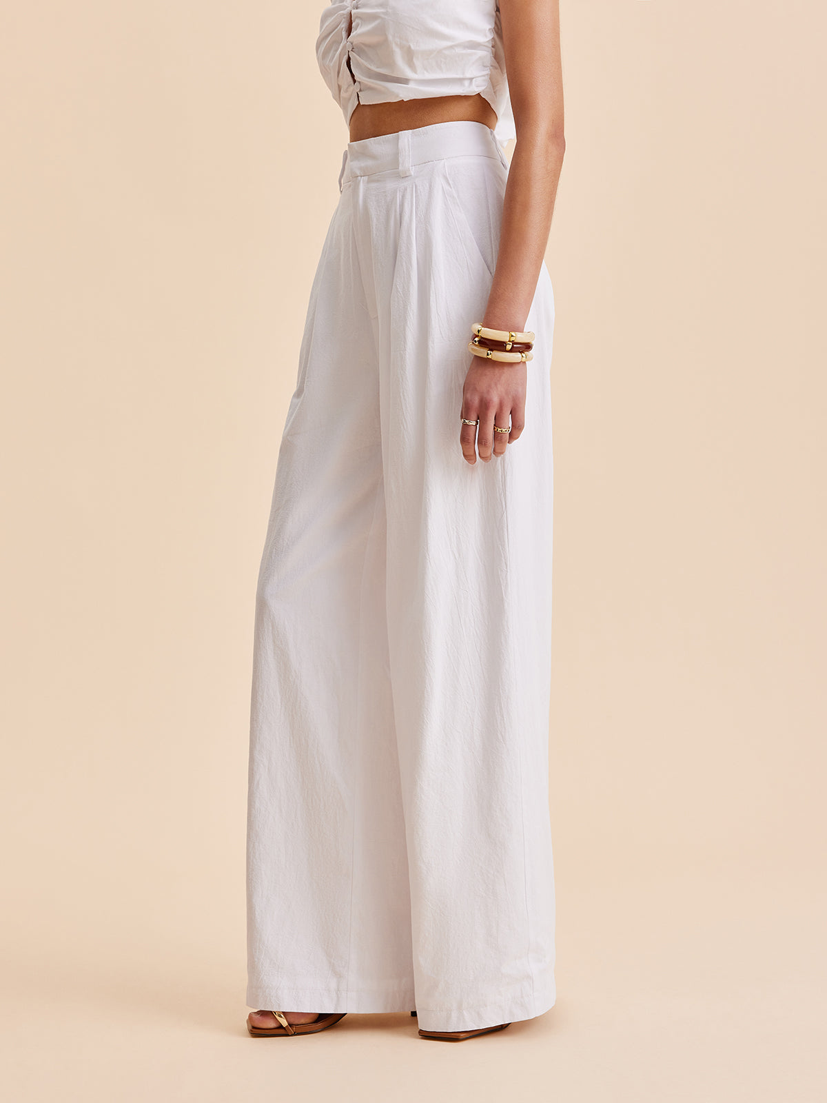 Cotton Mid-Waist Wide-Leg Pants With Pockets