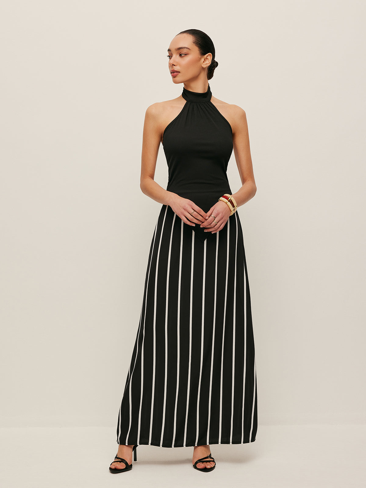 High Neck Asymmetric Panel Stripe Skirt Set
