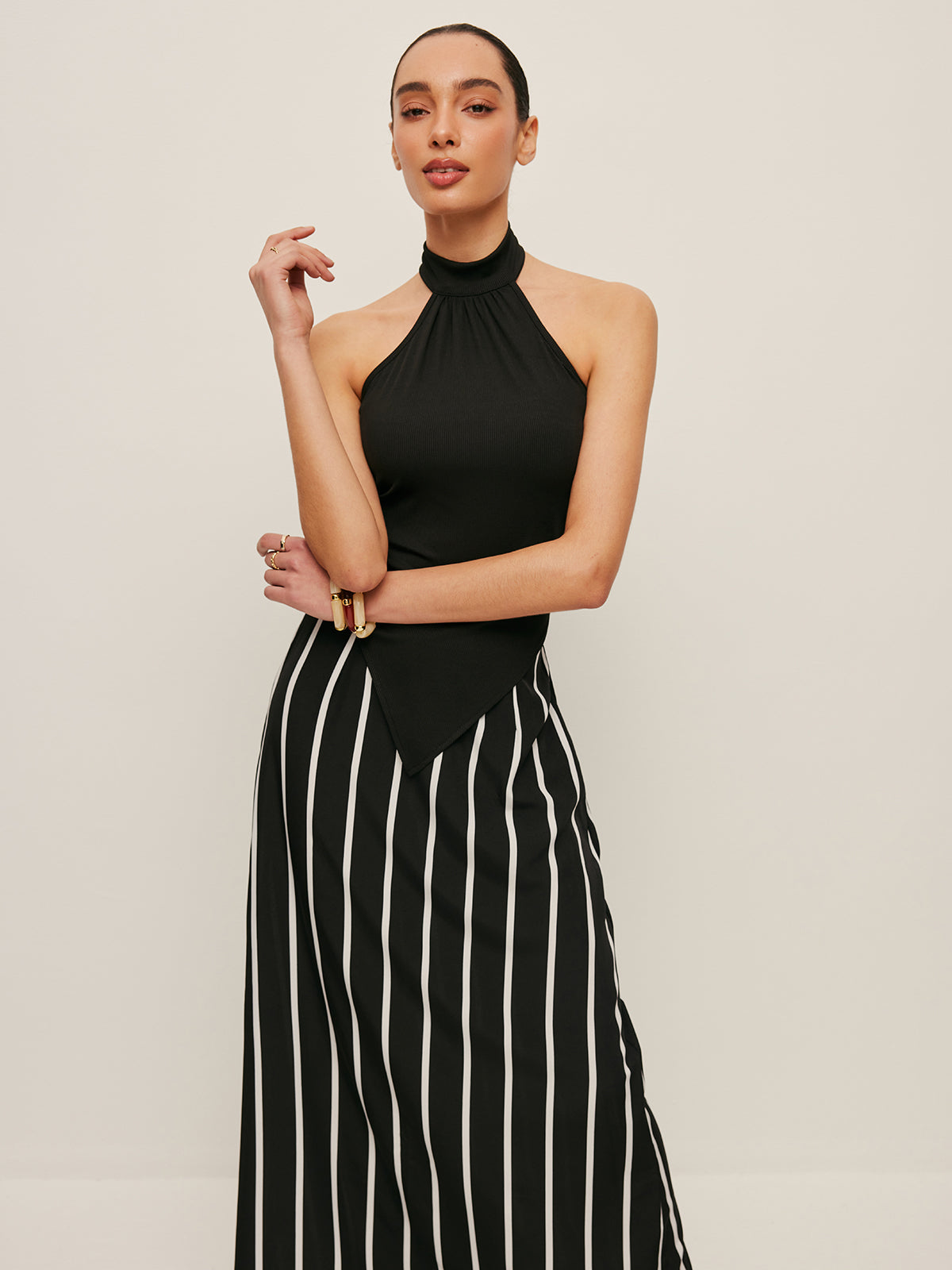 High Neck Asymmetric Panel Stripe Skirt Set
