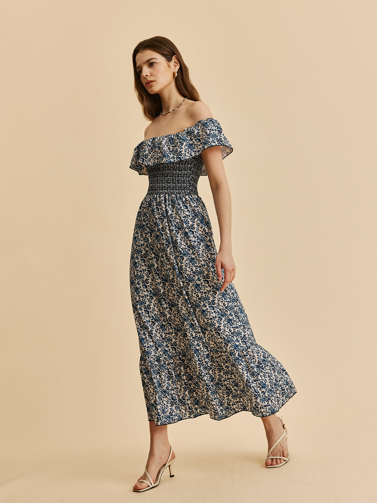 Boho Smocked Off-Shoulder Ruffle Floral Dress