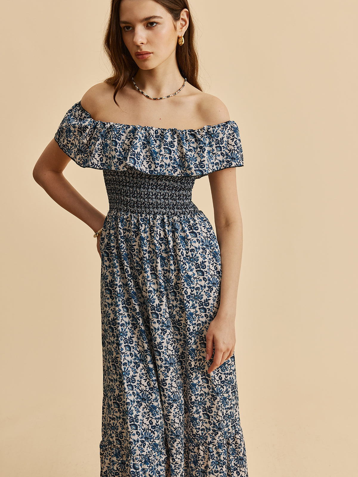 Boho Smocked Off-Shoulder Ruffle Floral Dress