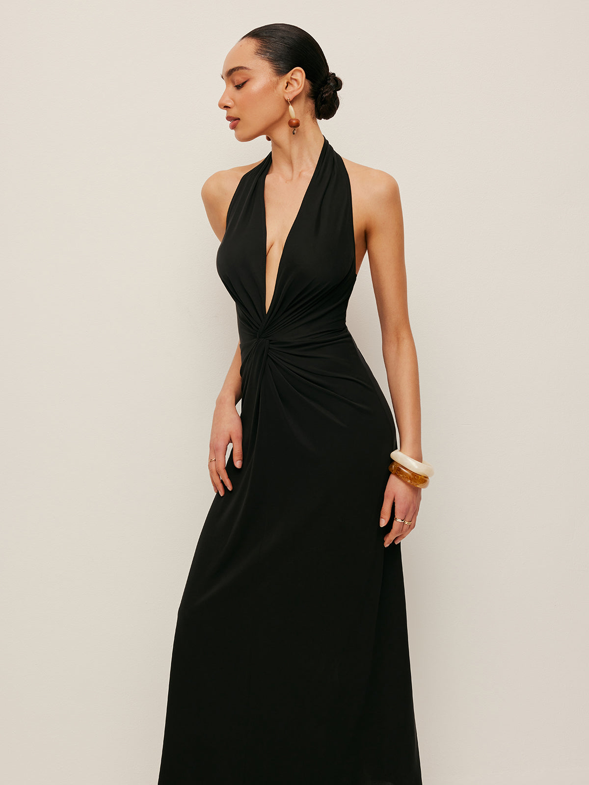 V-Neck Twist-Front Halter Dress