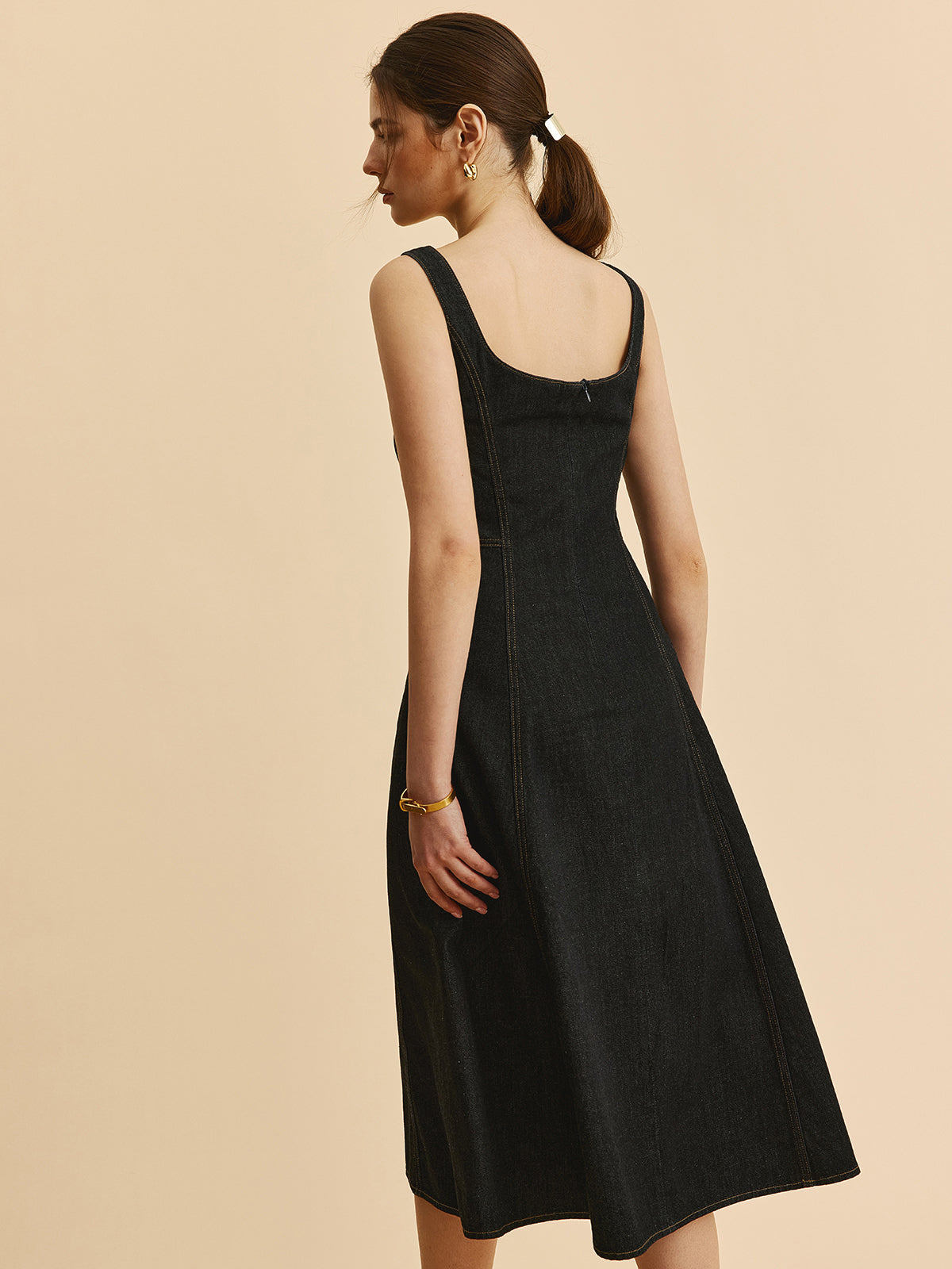 Square Neck Denim Button Dress