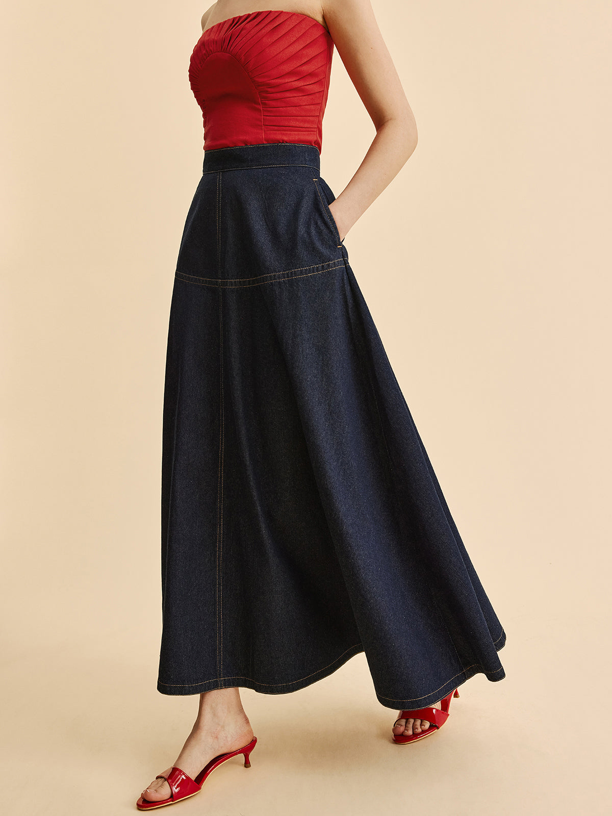 A-Line Denim Skirt With Side Pockets