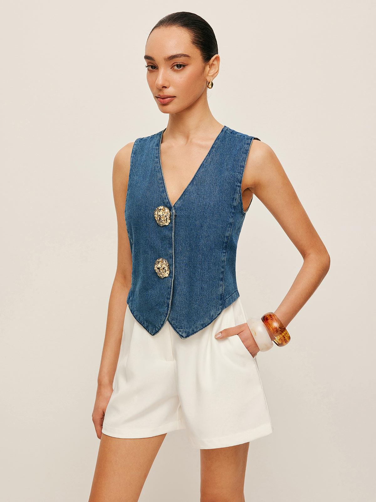 Tailored Denim Button-Up Vest