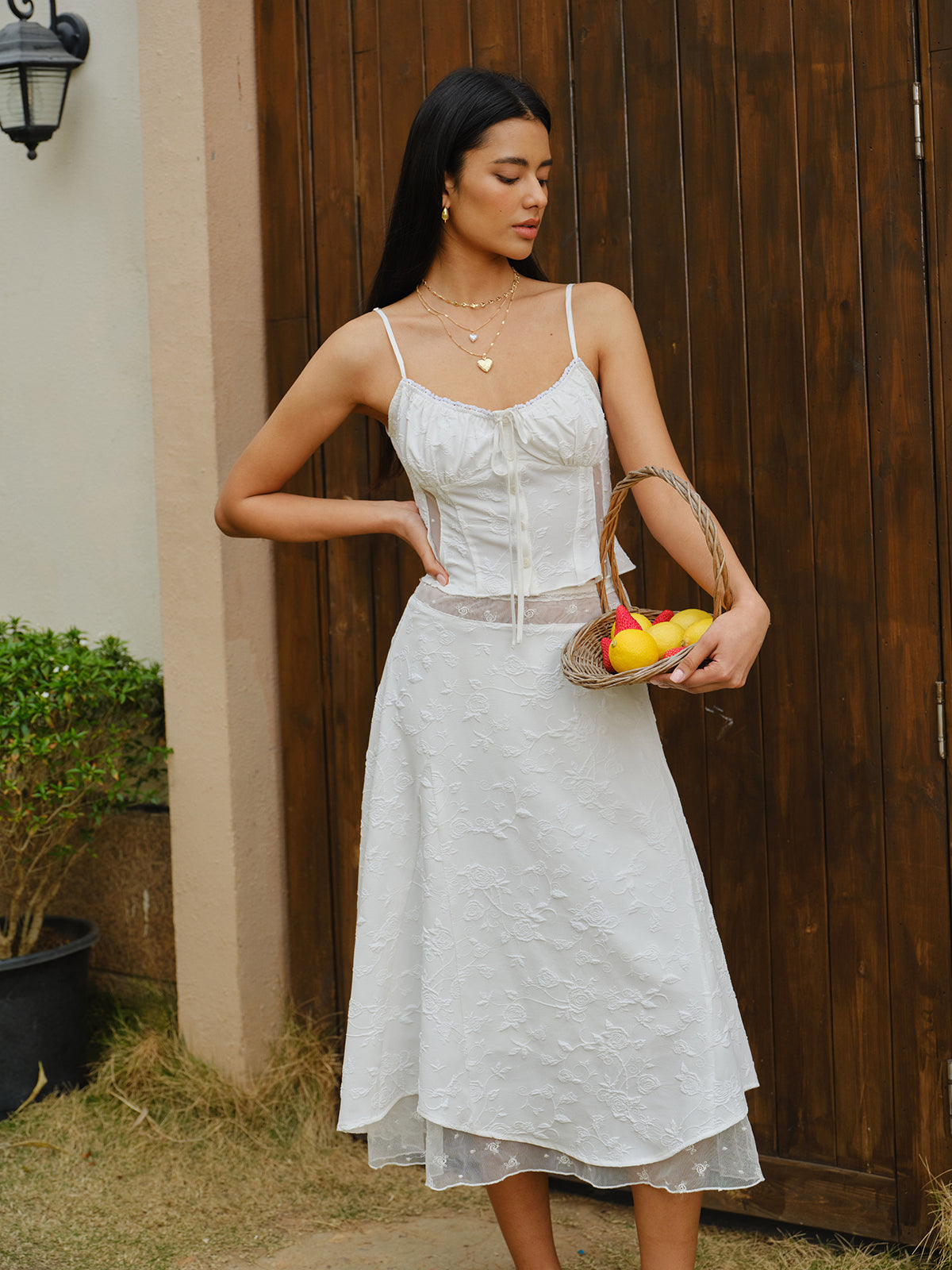 Embroidered Lace-Up Crop Top With Skirt Set