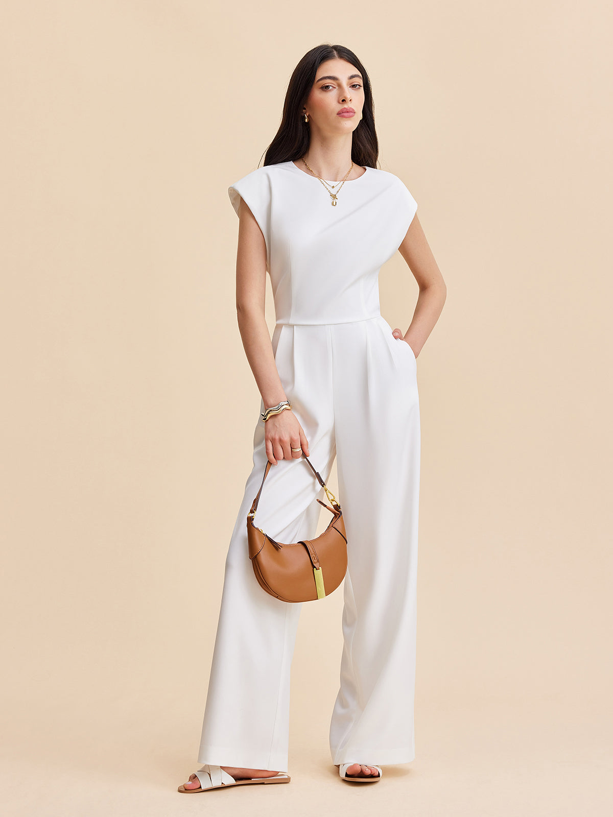 Cap Sleeve Buttoned Backless Jumpsuit