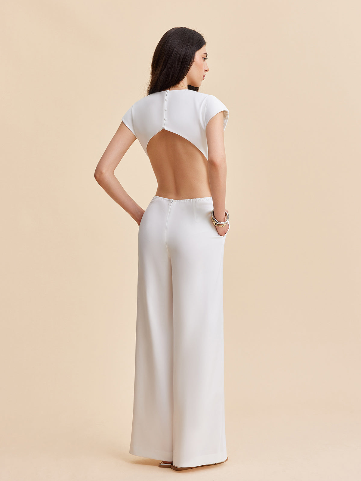 Cap Sleeve Buttoned Backless Jumpsuit