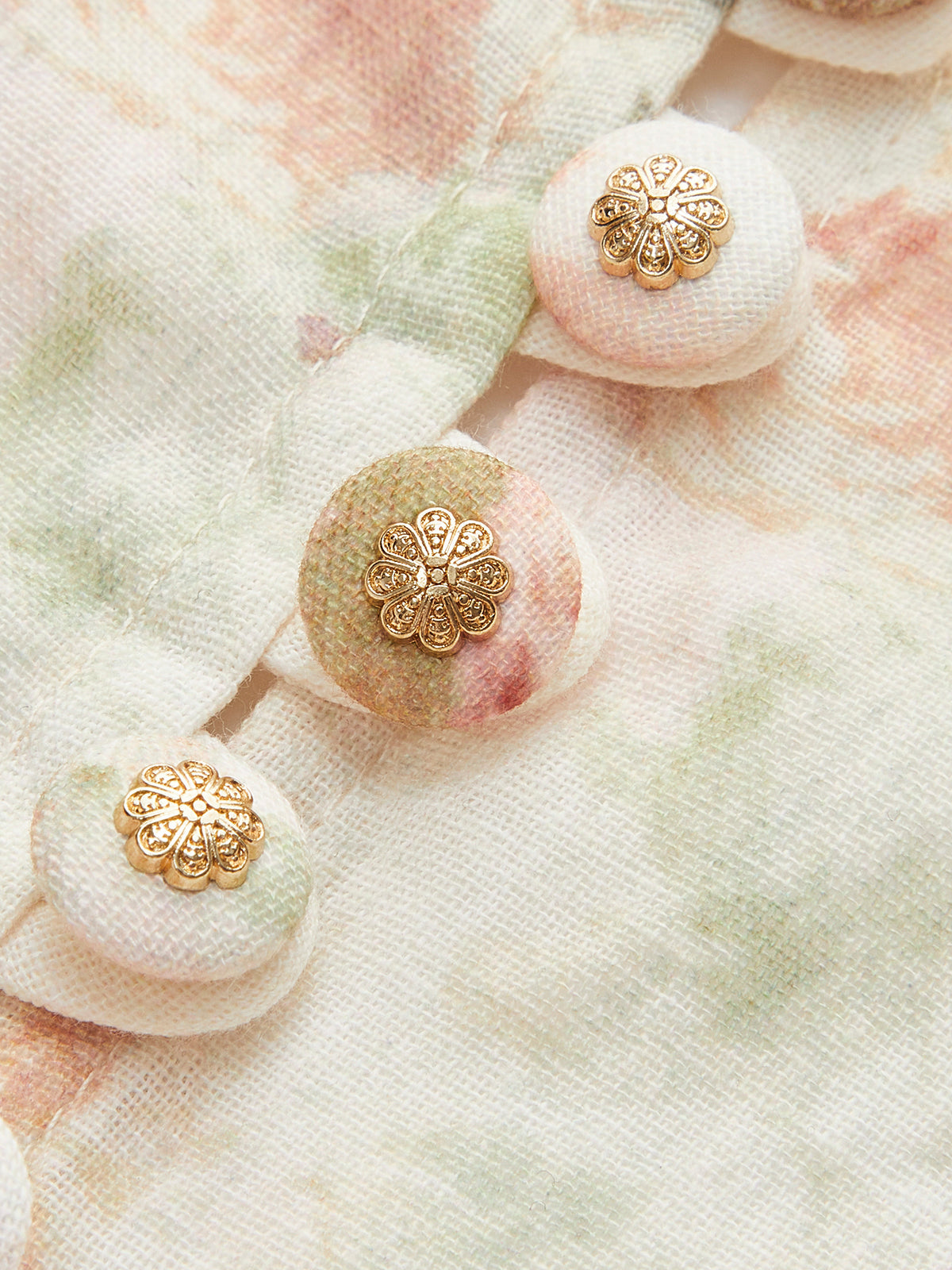 Cotton & Linen Puff Sleeve Floral Belted Dress