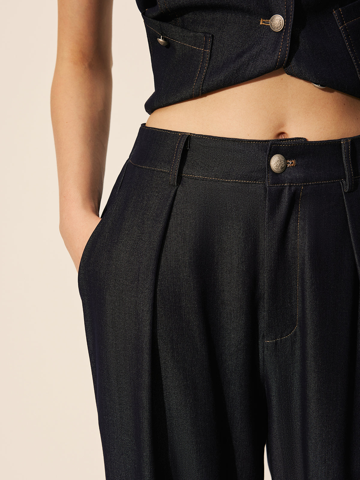 Mid-Waist Pockets Wide-Leg Denim Pants