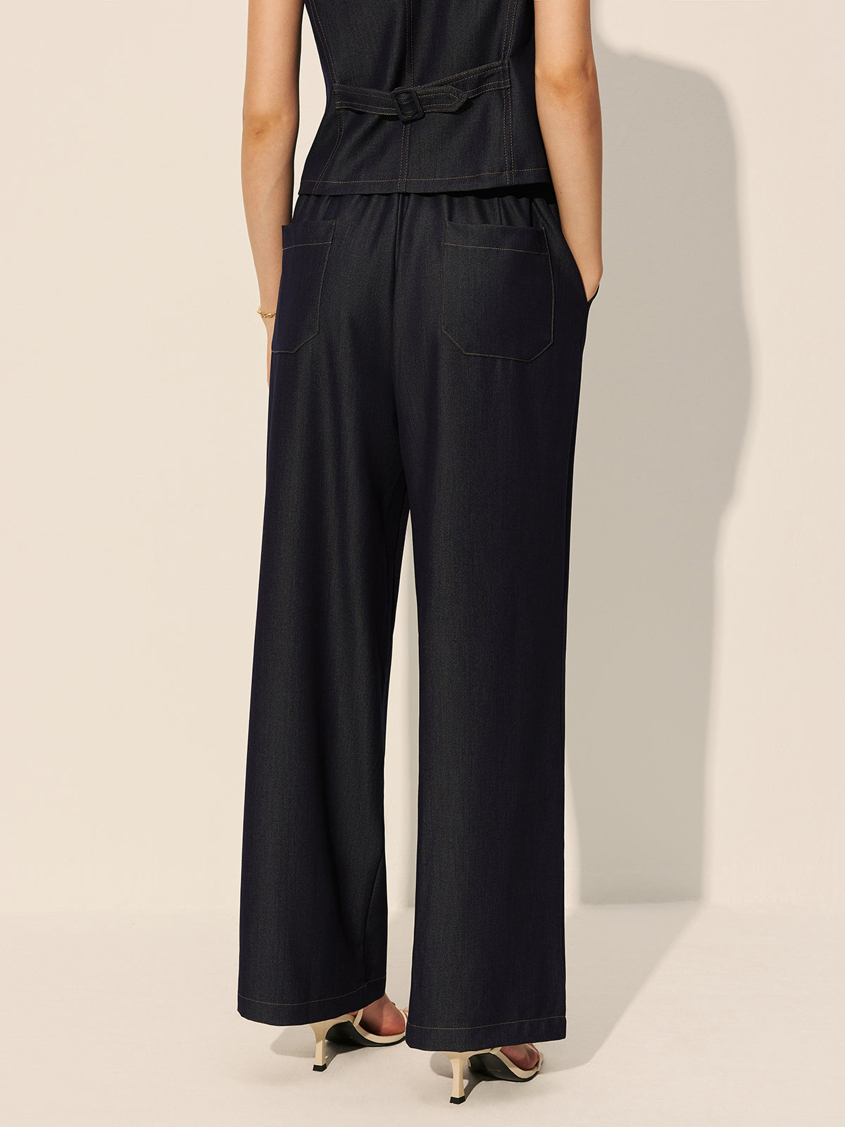 Mid-Waist Pockets Wide-Leg Denim Pants