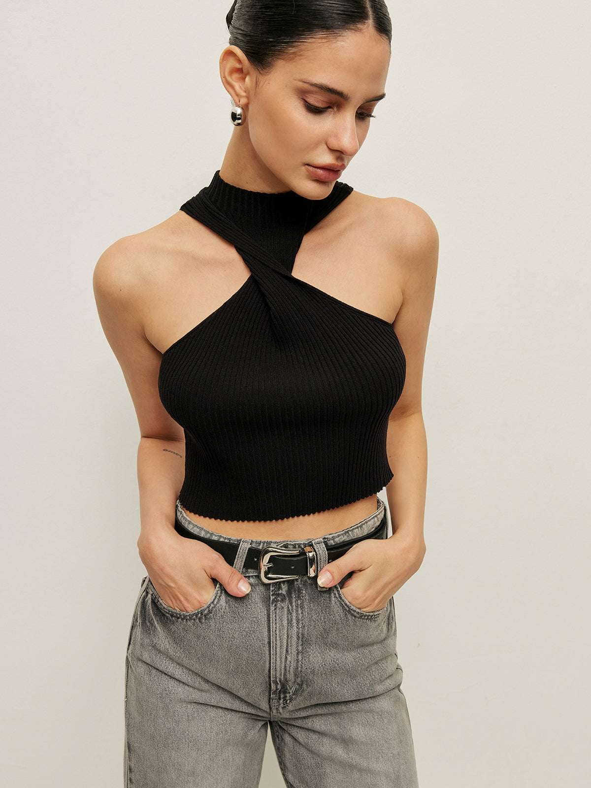 Ribbed Cross Halter Knit Top