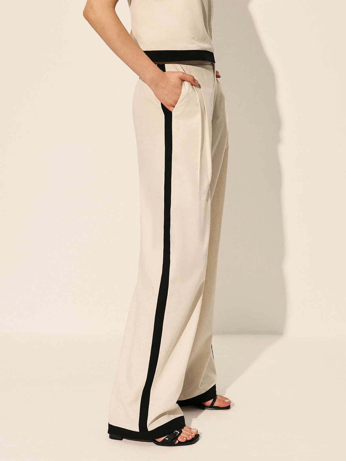 Linen & Cotton Zipper Contrast Binding Pant Set