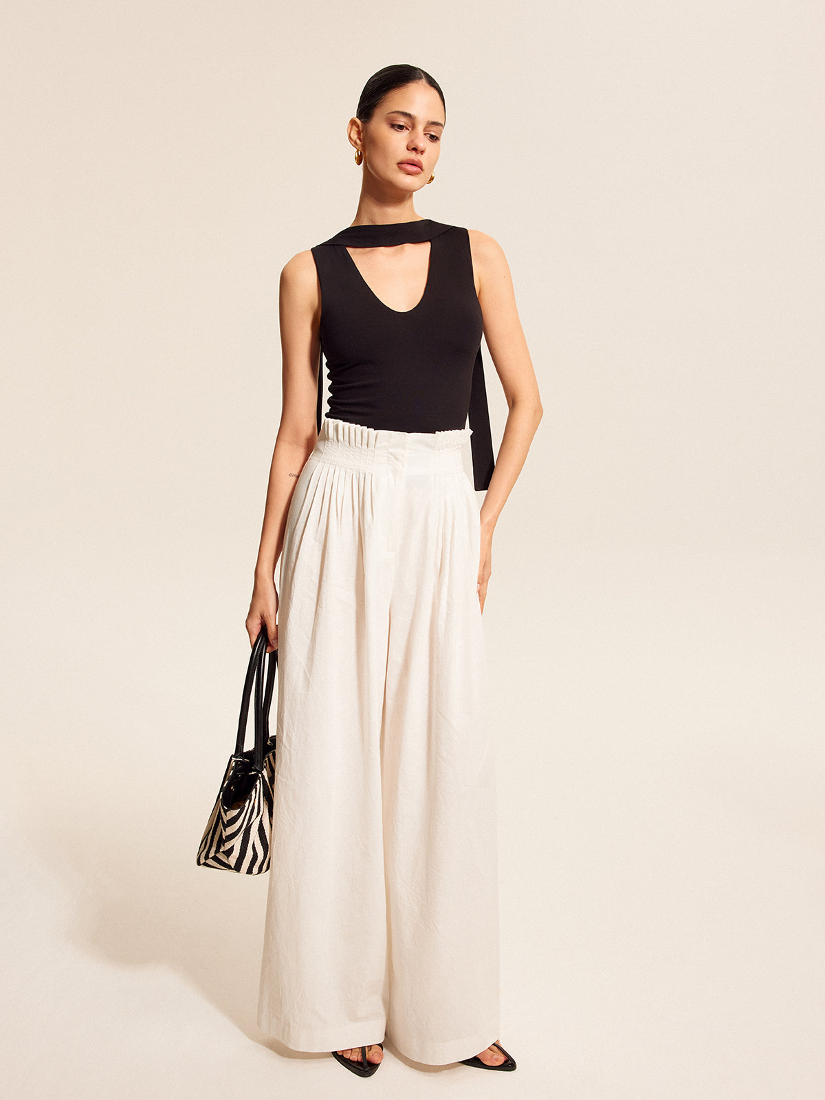 V-Neck Top With Scarf-Style Neck Tie