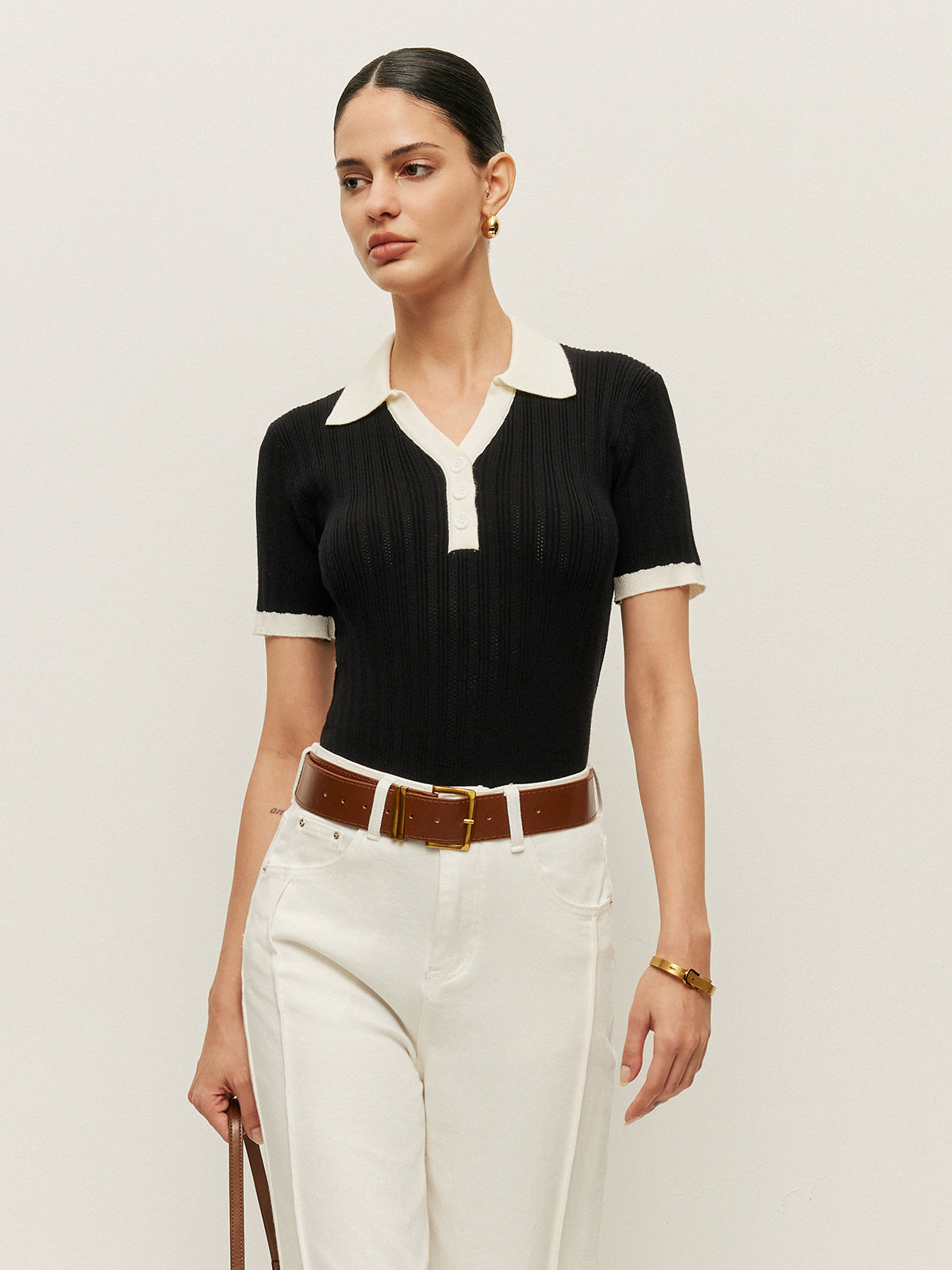 Collared Button Detail Ribbed Knit Top
