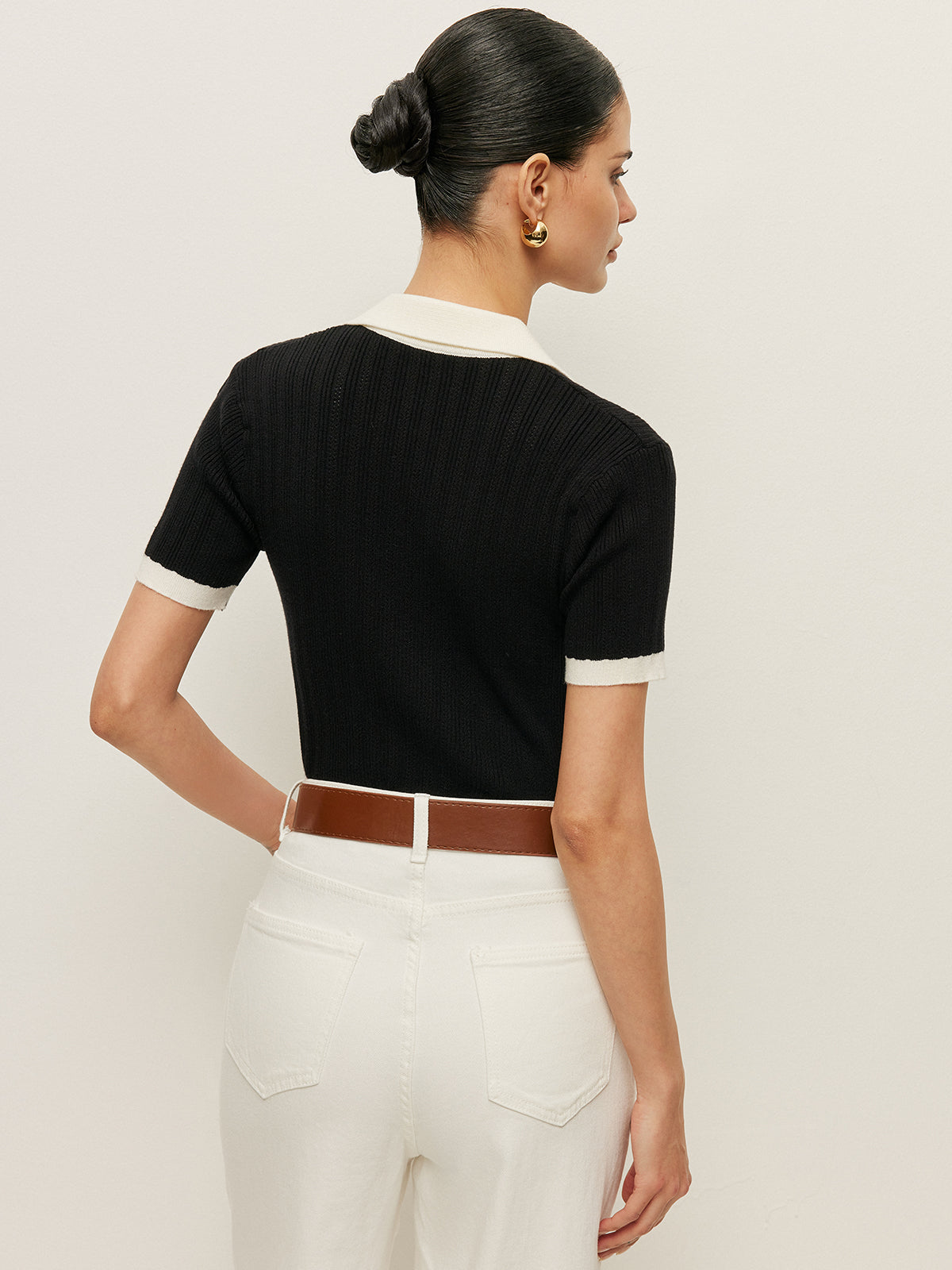 Collared Button Detail Ribbed Knit Top
