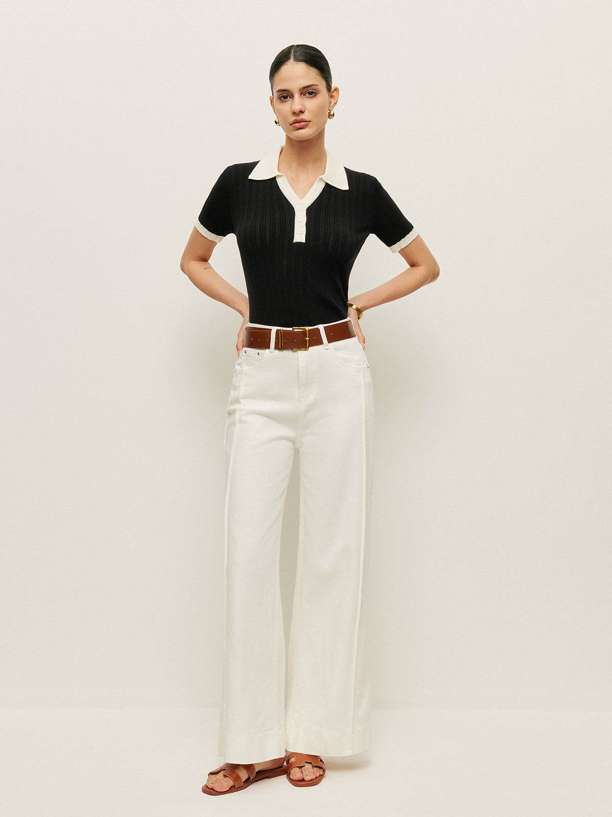 Collared Button Detail Ribbed Knit Top
