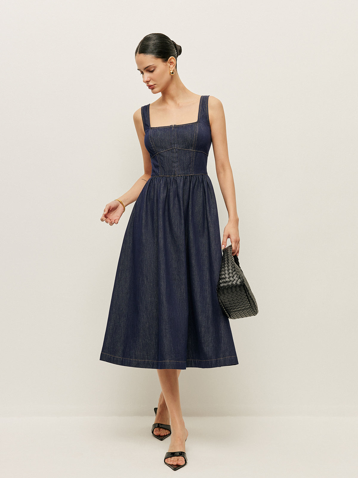Square Neck Button-Front Denim Dress