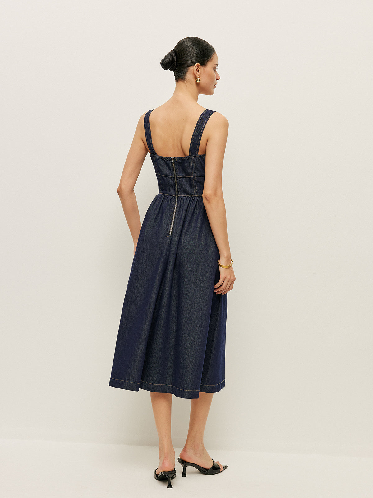 Square Neck Button-Front Denim Dress