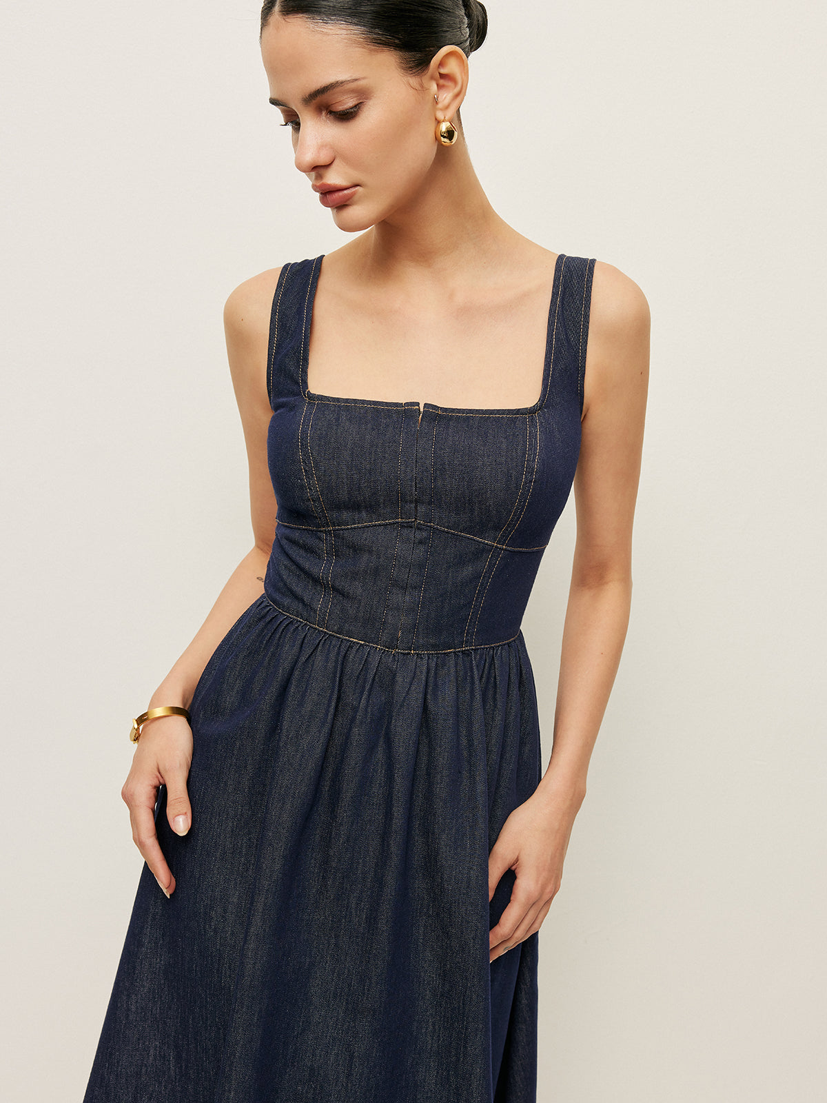 Square Neck Button-Front Denim Dress