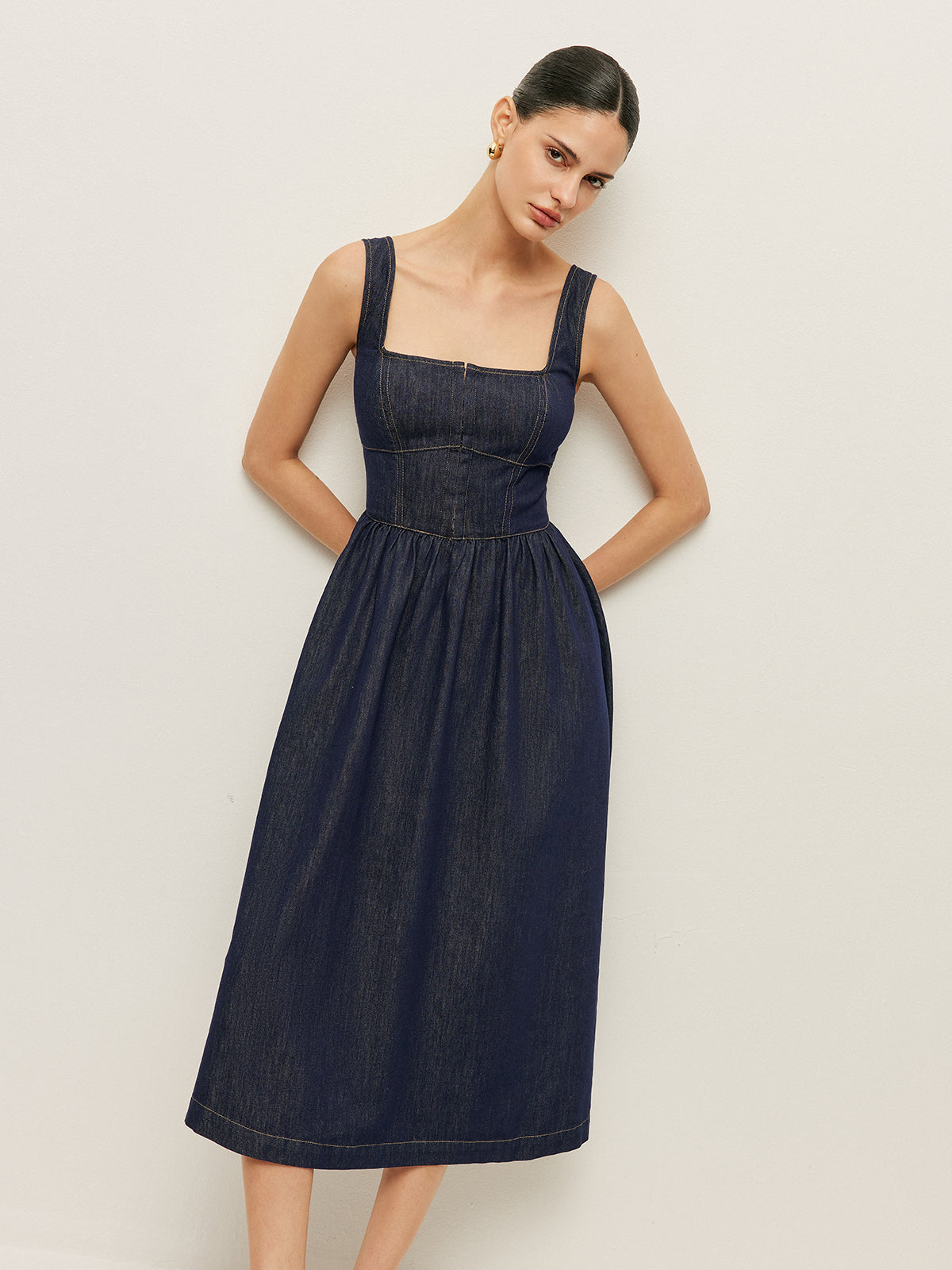 Square Neck Button-Front Denim Dress