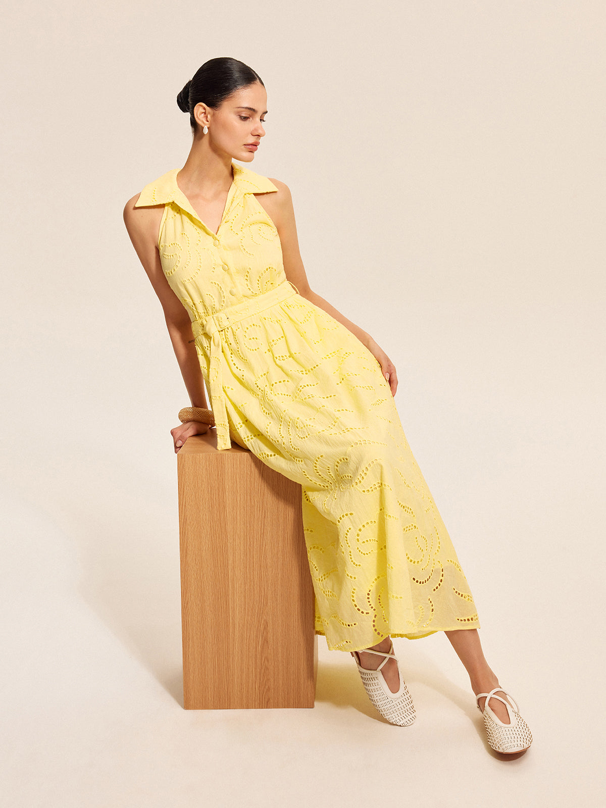 Cotton Belted Embroidered Dress