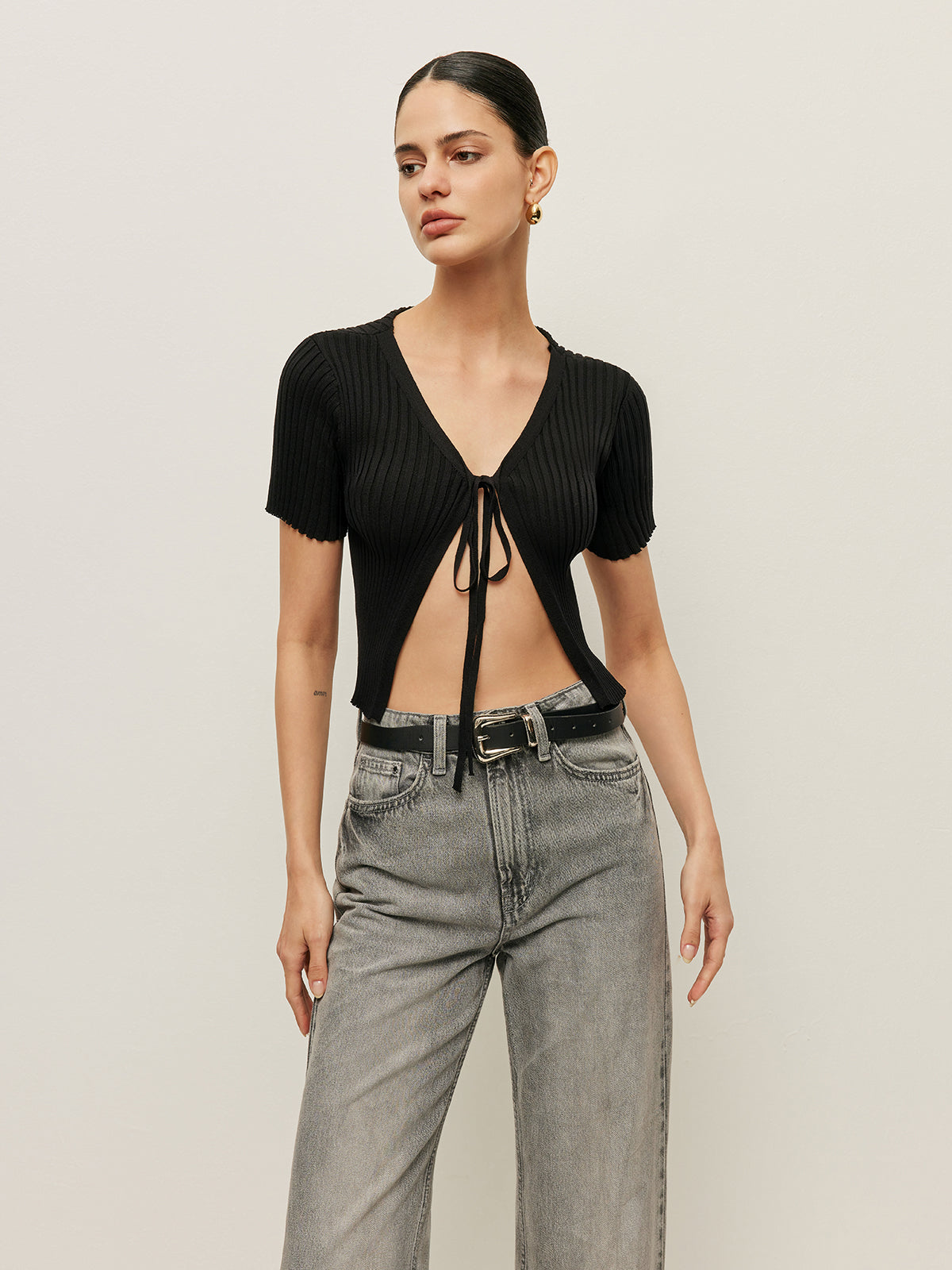 Ribbed Tie Front Short Sleeve Top