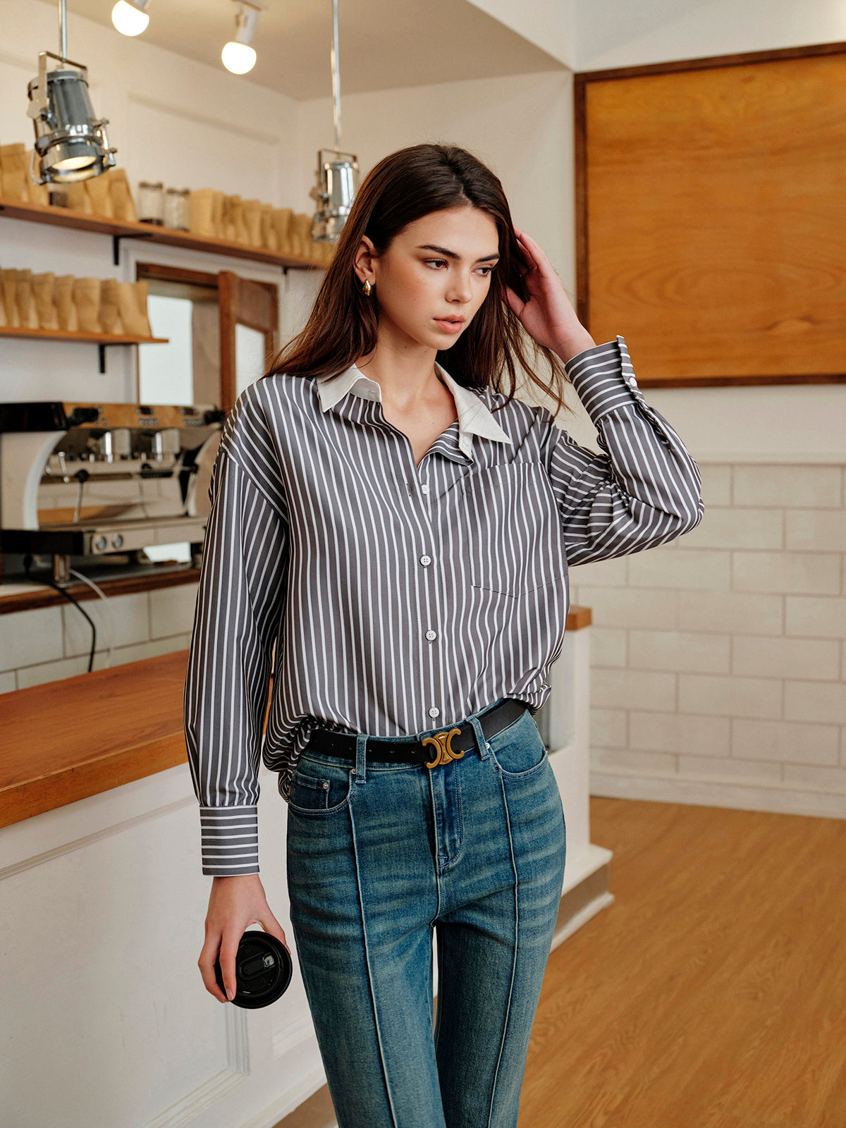 Striped Contrast Collar Button-Up Shirt