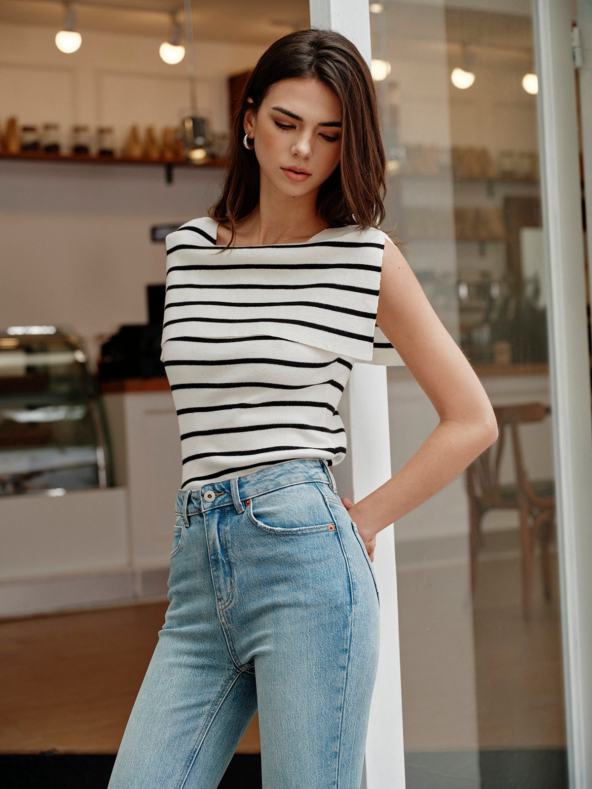 Striped Shawl-Collar Knit Top