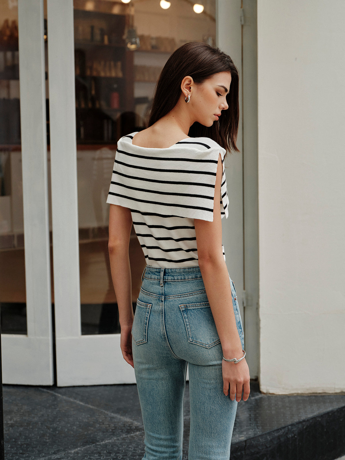 Striped Shawl-Collar Knit Top