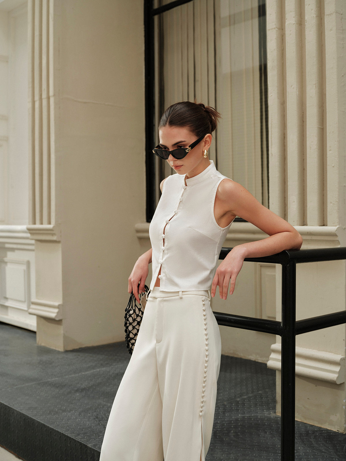 Cotton & Linen Round-Button Semi-Sheer Vest