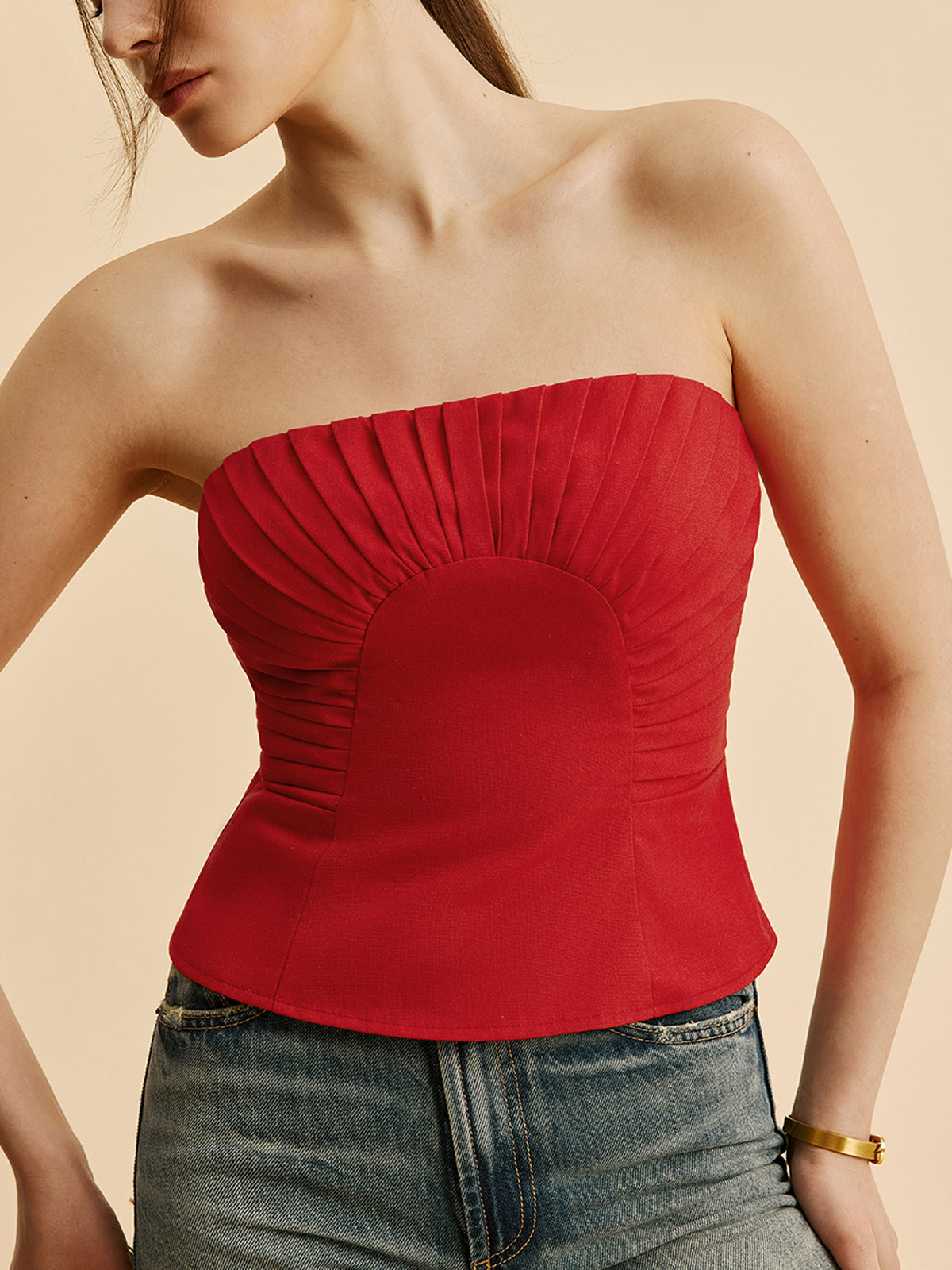 Cotton & Linen Pleated Strapless Top