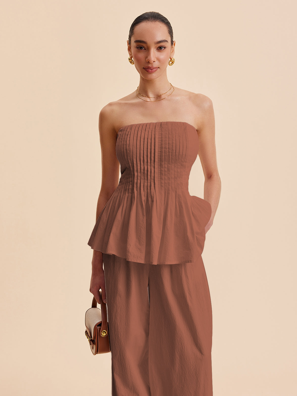 Cotton Pleated Strapless Peplum Top