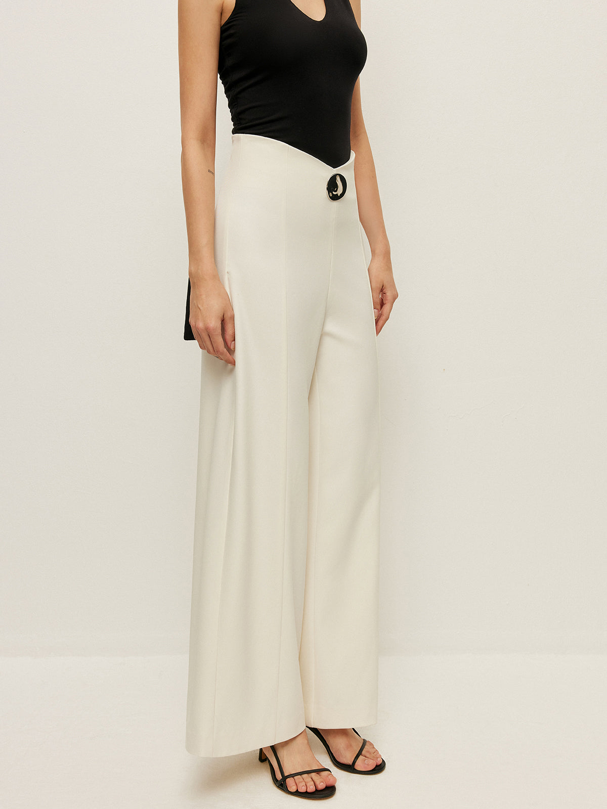 High-Waist Wide Leg Pants With Buckle Detail
