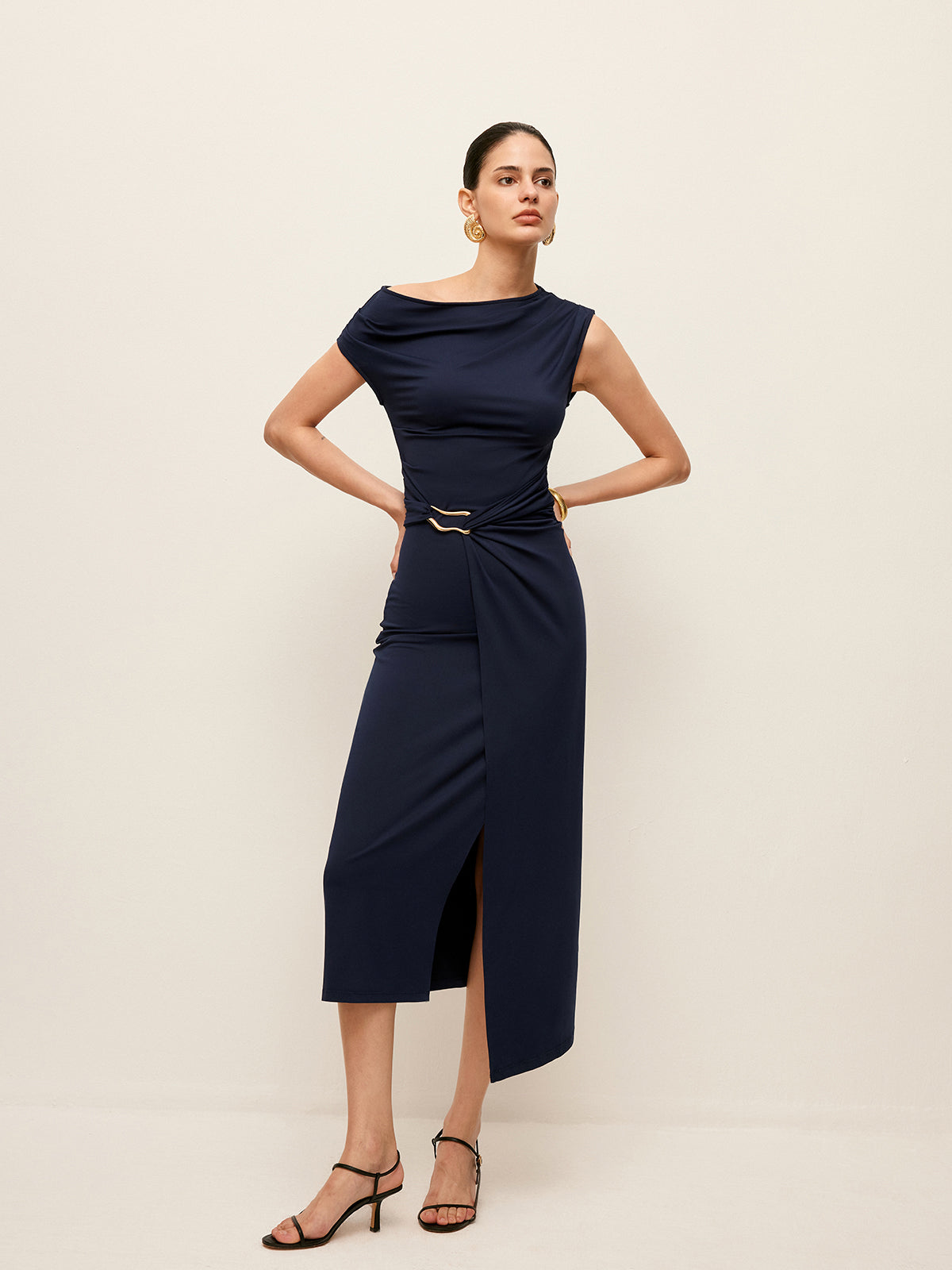 Asymmetrical Neck Metal Waist-Belt Dress