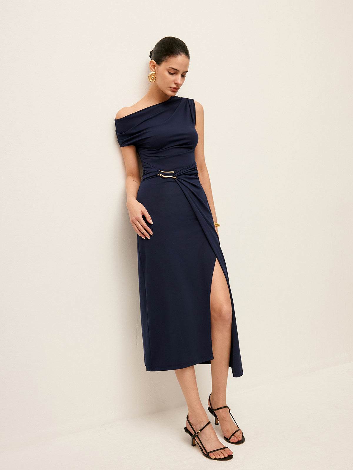 Asymmetrical Neck Metal Waist-Belt Dress