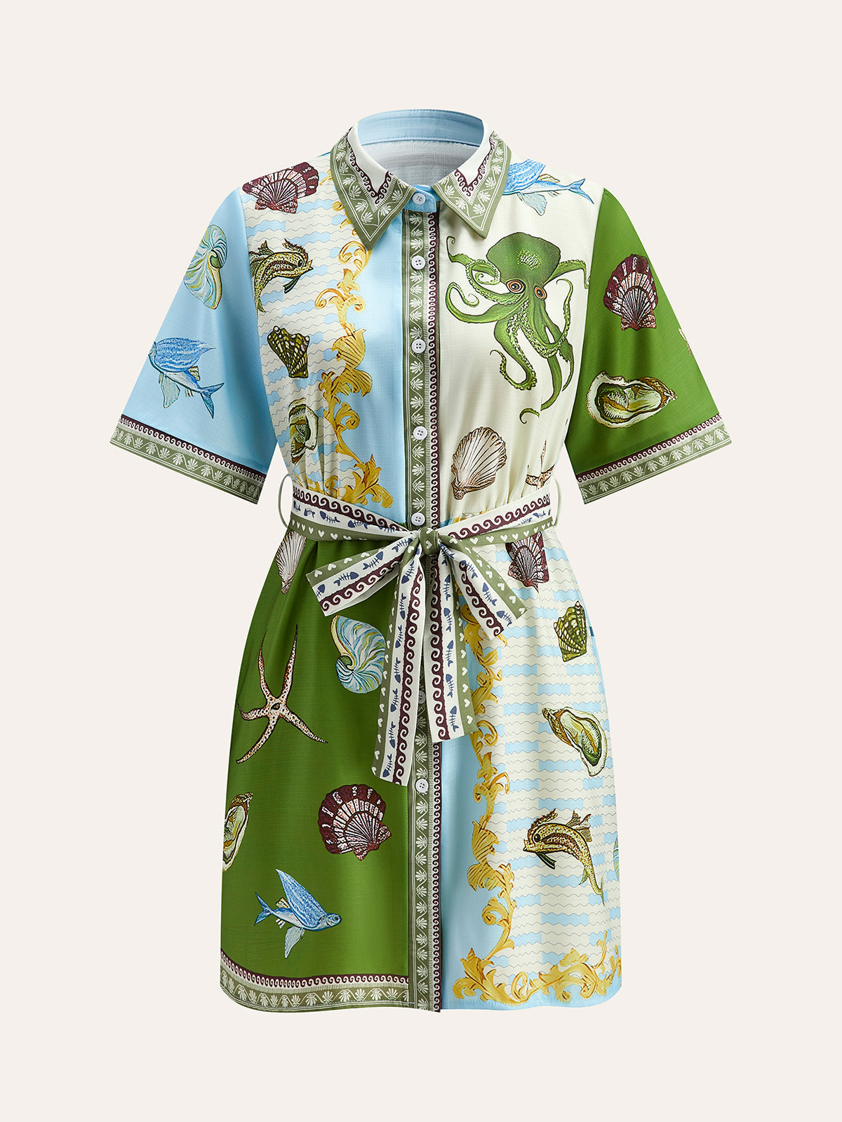 Button-Down Collar Aquatic-Print Shirt With Belt