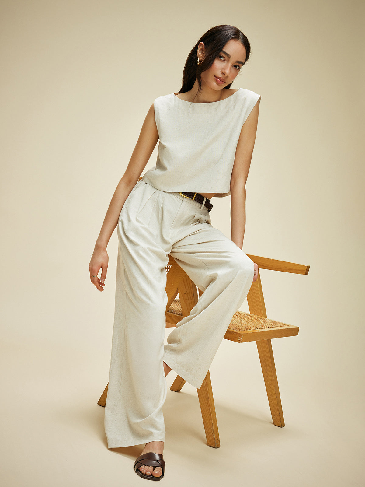 Cotton & Linen Sleeveless Pockets Pants Set Without Belt