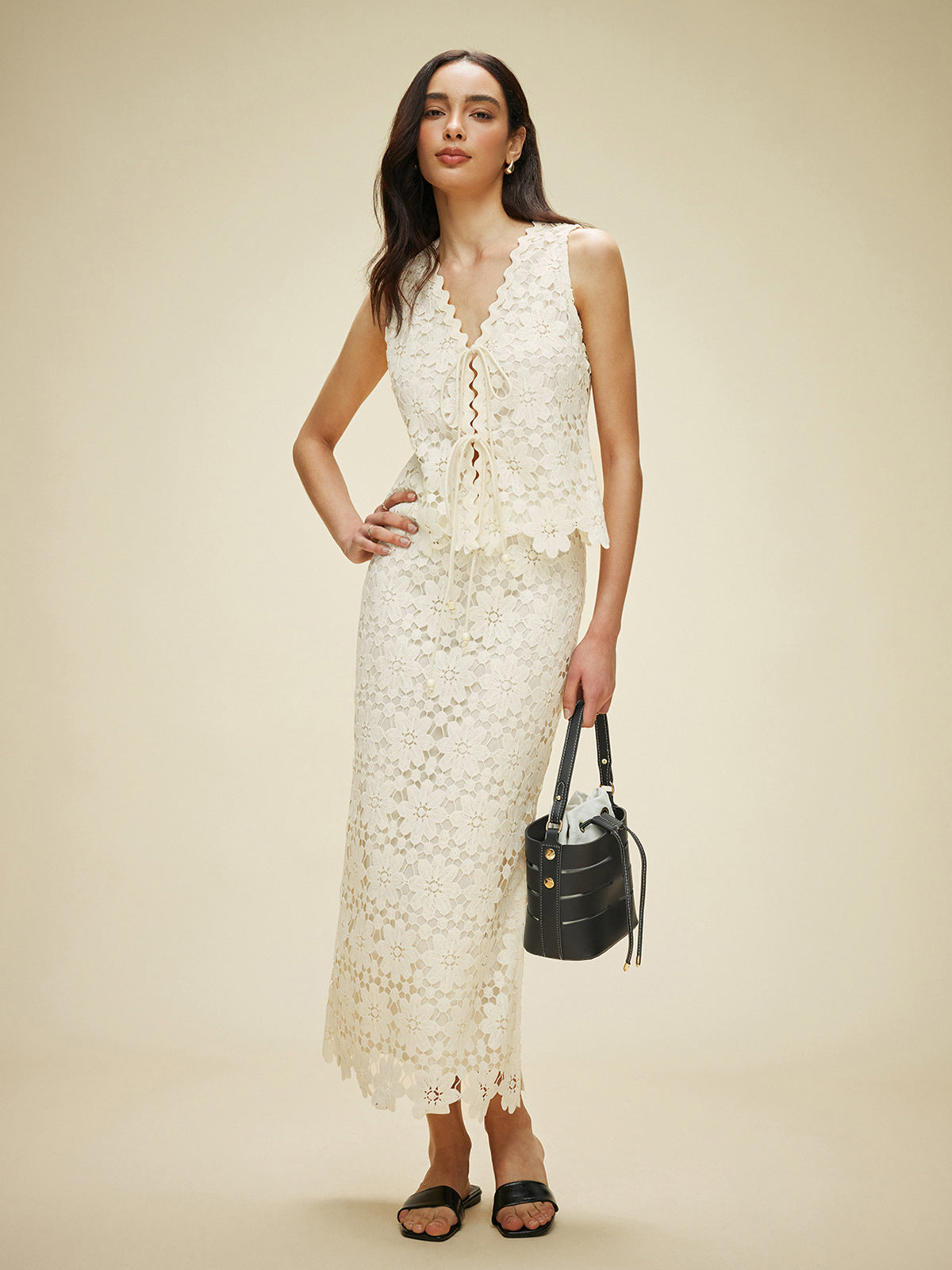 Lace Tied Front Top With Skirt Set