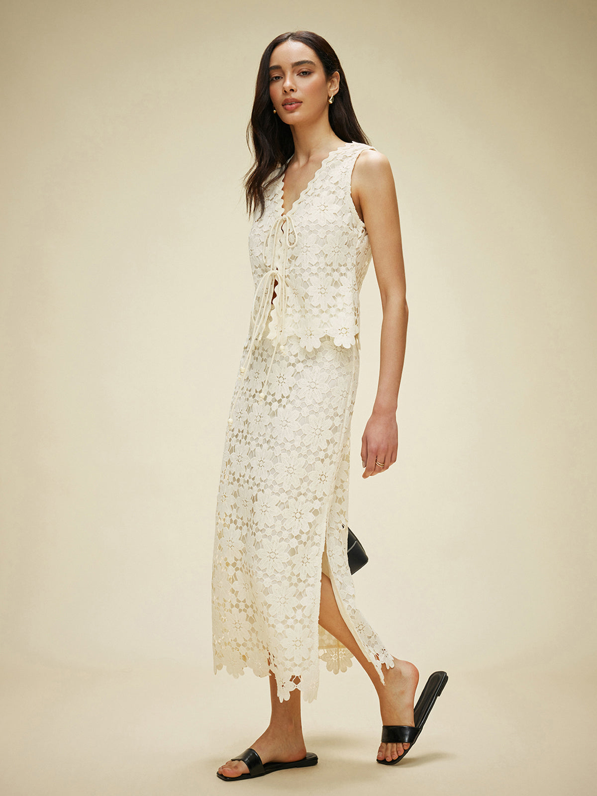 Lace Tied Front Top With Skirt Set