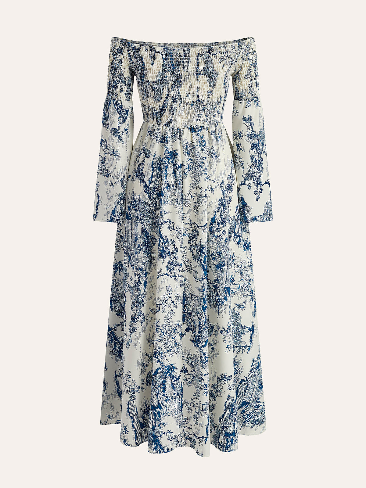 Print Off-Shoulder Smocked Sleeve Dress