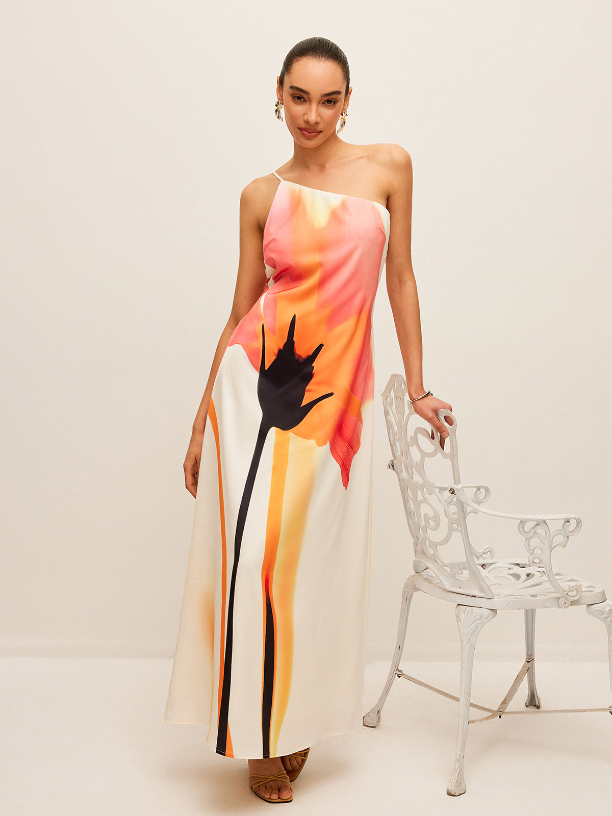 Asymmetrical Floral Print Tied Back Dress