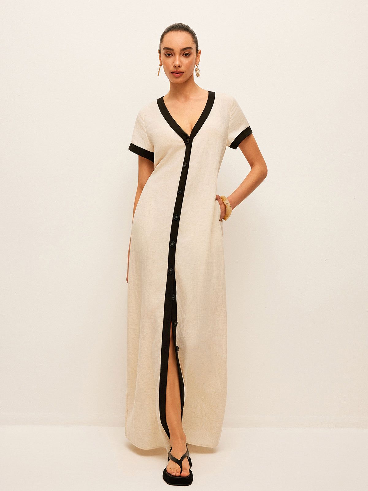 Cotton & Linen High-Slit Contrast Trim Dress