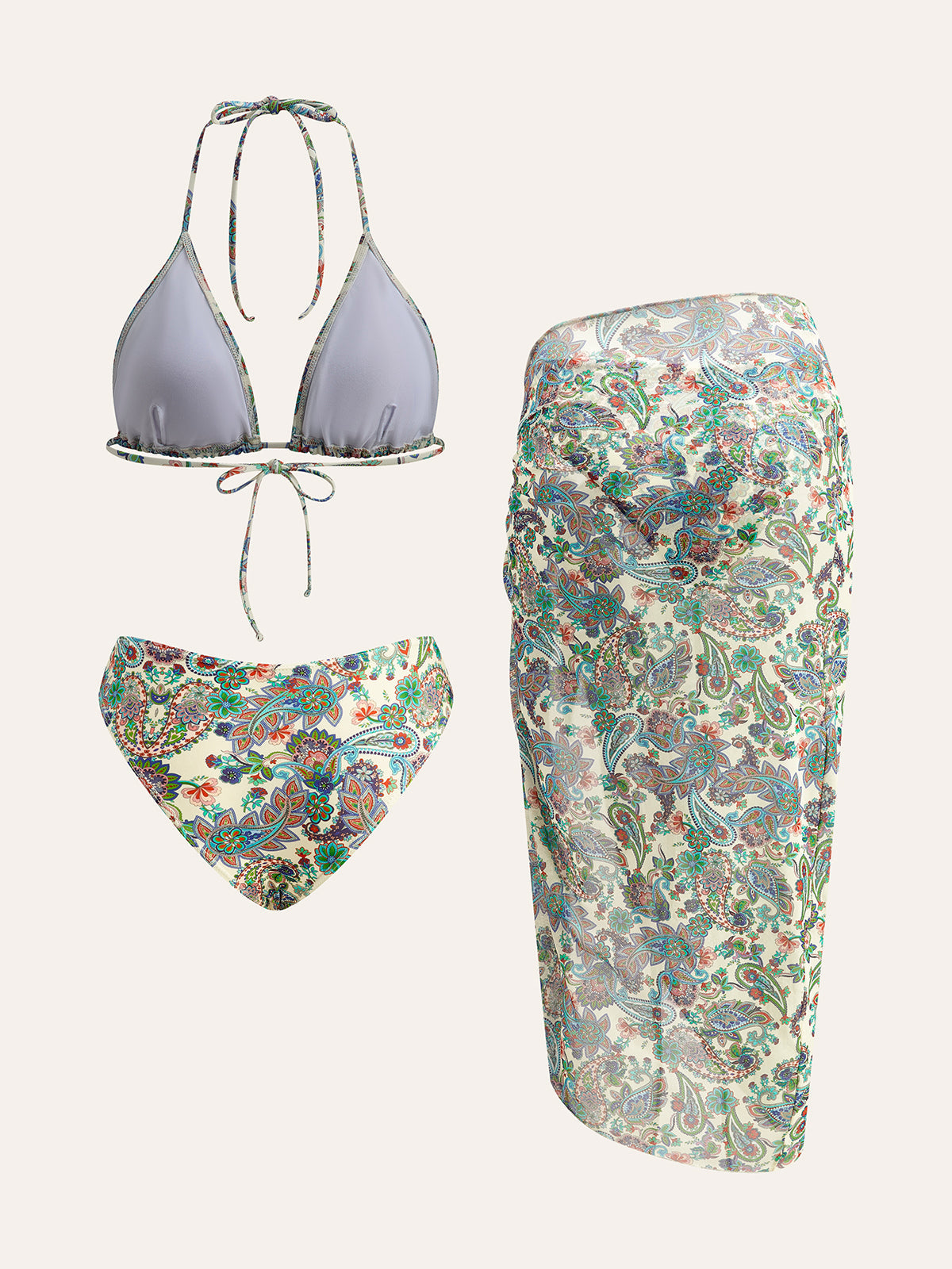 Tie-Back Bikini Set with Paisley Print Cover-Up