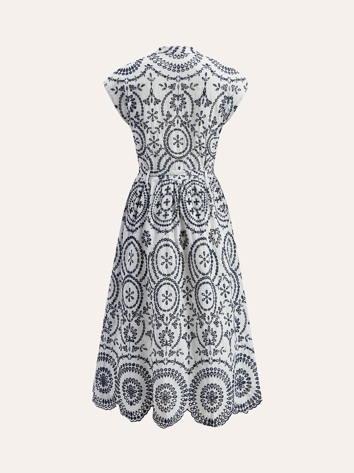 Embroidered V-Neck Belted Dress