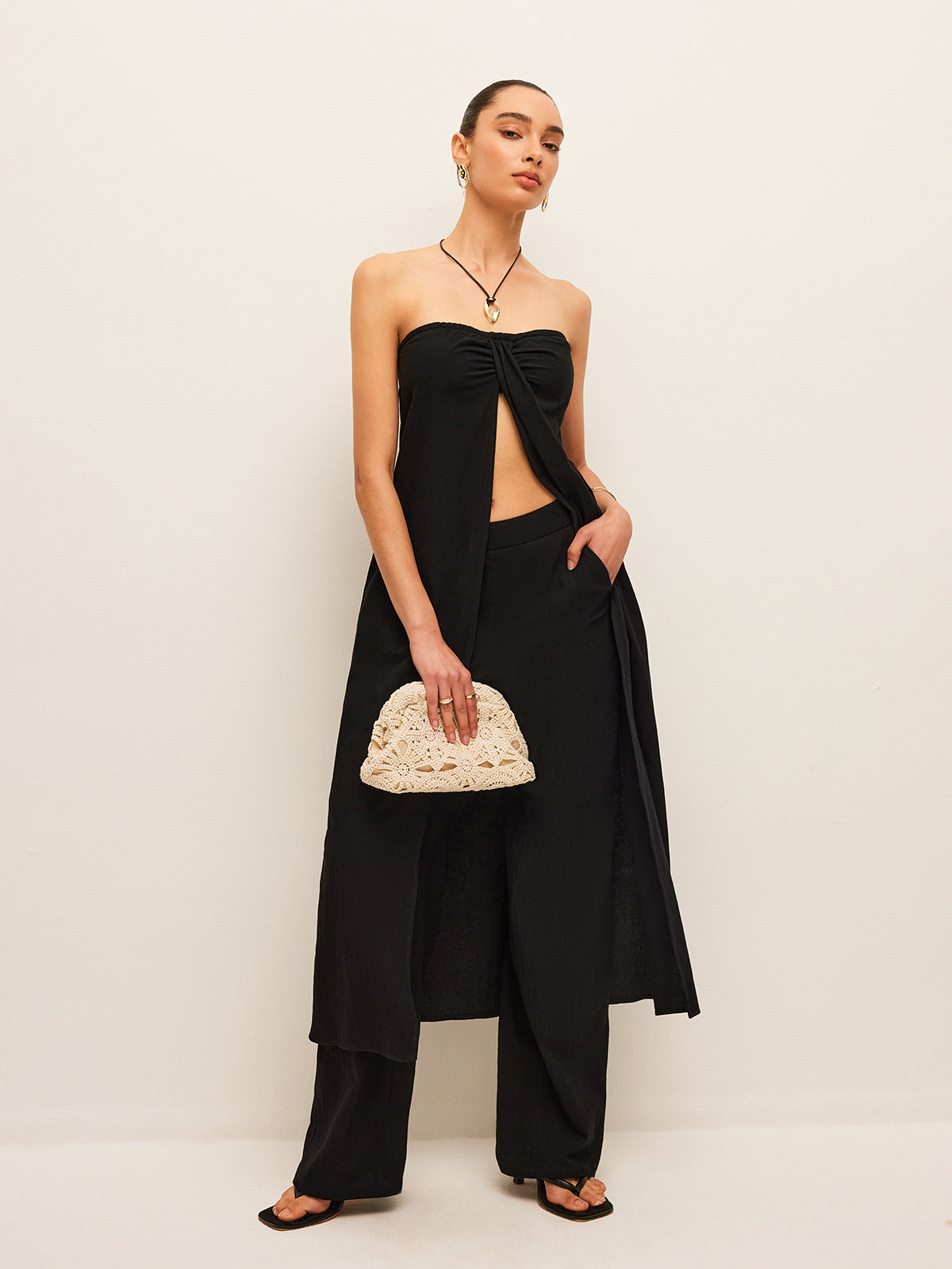 Cotton & Linen Tie-Front Top With Pants Set