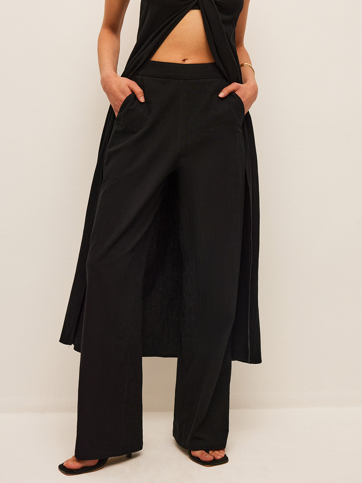 Cotton & Linen Tie-Front Top With Pants Set