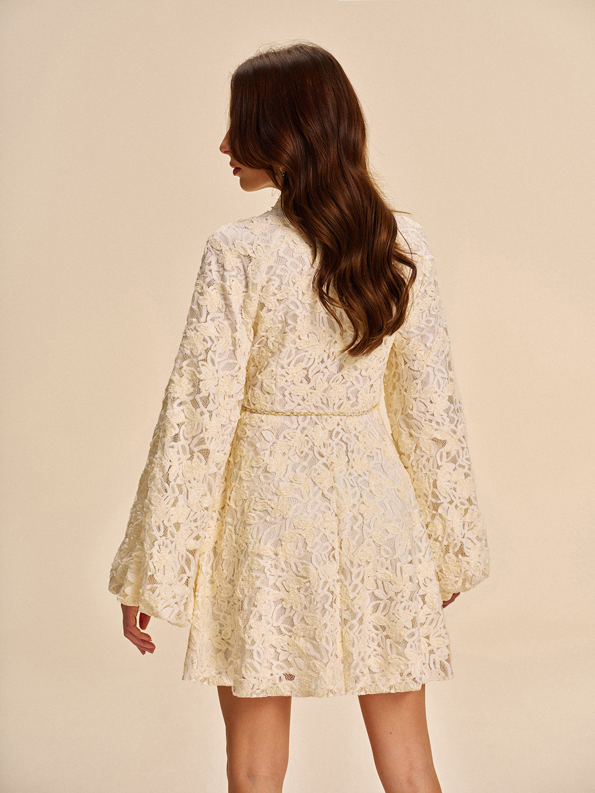 Lace Bell-Sleeve Dress With Belt
